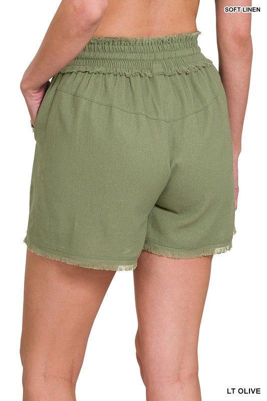 Zenana Women's Clothing Linen Frayed Hem Drawstring Shorts With Pockets Linen Rayon Size S-XL