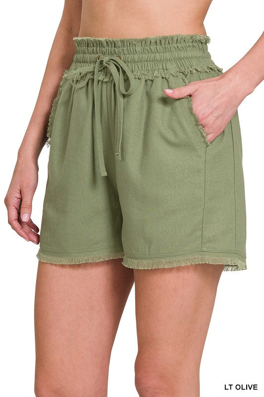 Zenana Women's Clothing Linen Frayed Hem Drawstring Shorts With Pockets Linen Rayon Size S-XL