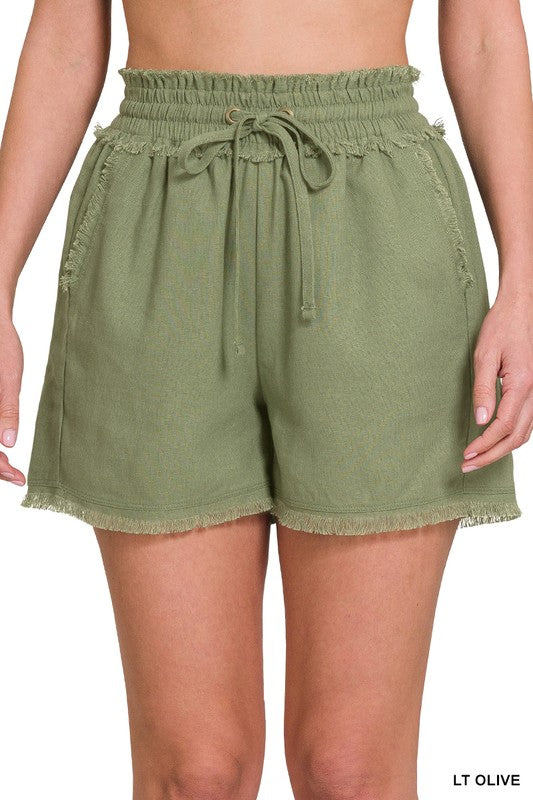 Zenana Women's Clothing Linen Frayed Hem Drawstring Shorts With Pockets Linen Rayon Size S-XL