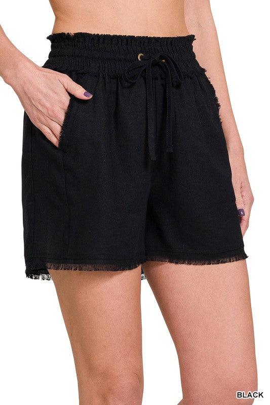 Zenana Women's Clothing Linen Frayed Hem Drawstring Shorts With Pockets Linen Rayon Size S-XL