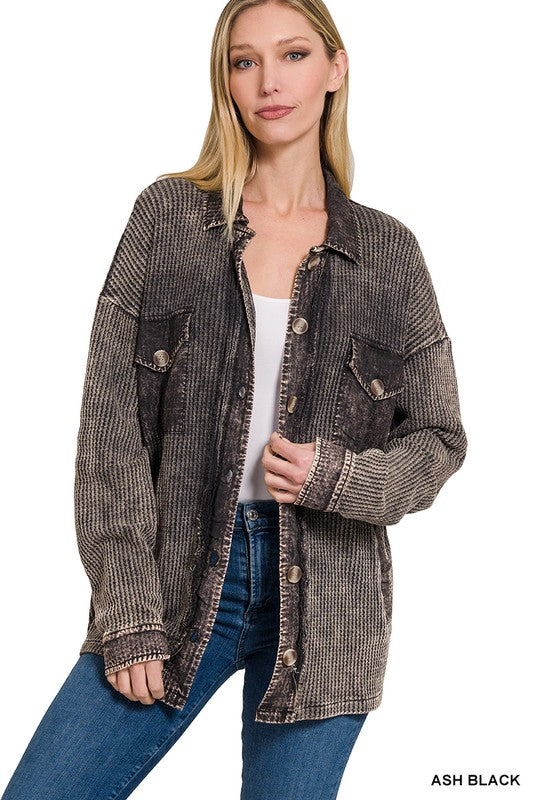 Zenana Clothing Cotton Waffle Acid Wash Long Sleeve Shacket