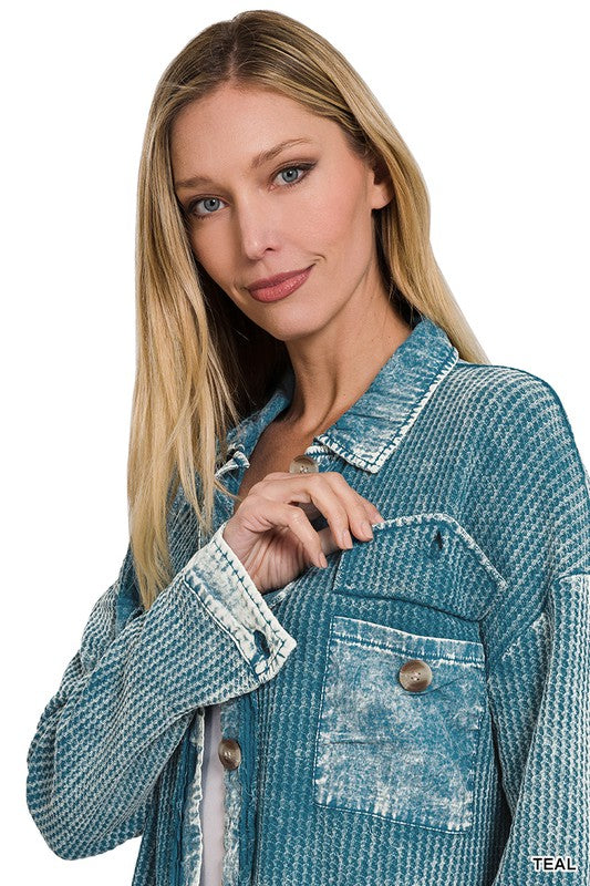 Zenana Clothing Cotton Waffle Acid Wash Long Sleeve Shacket