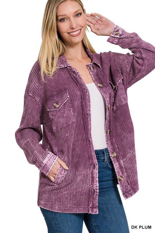 Zenana Clothing Cotton Waffle Acid Wash Long Sleeve Shacket