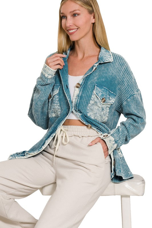 Zenana Clothing Cotton Waffle Acid Wash Long Sleeve Shacket