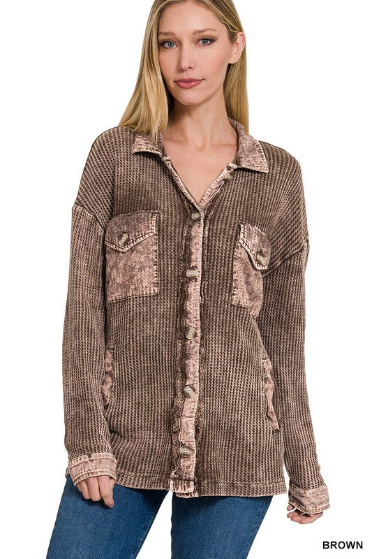Zenana Clothing Cotton Waffle Acid Wash Long Sleeve Shacket