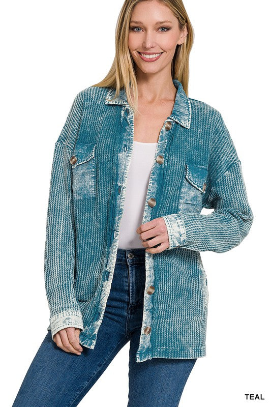 Zenana Clothing Cotton Waffle Acid Wash Long Sleeve Shacket