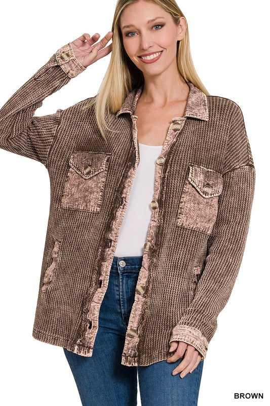 Zenana Clothing Cotton Waffle Acid Wash Long Sleeve Shacket