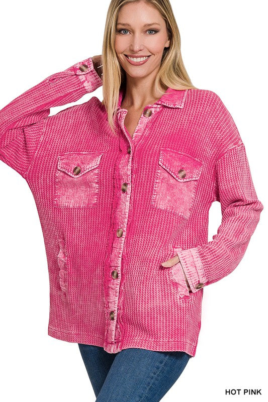 Zenana Clothing Cotton Waffle Acid Wash Long Sleeve Shacket