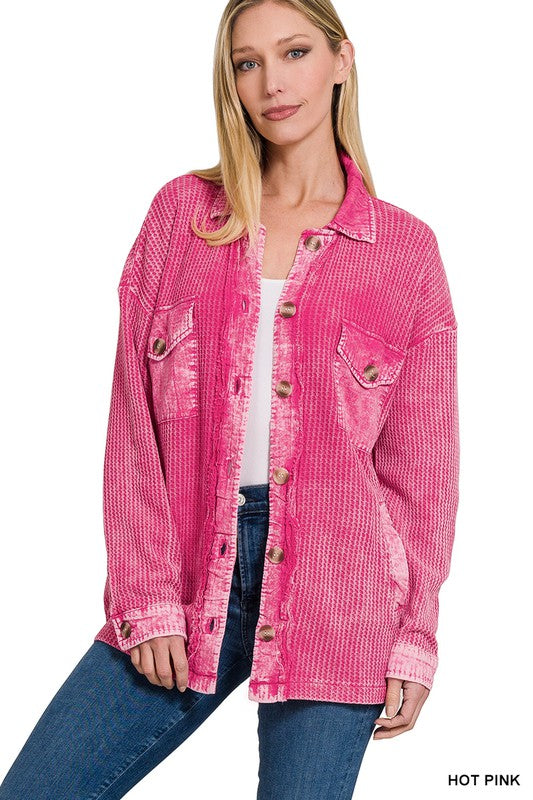 Zenana Clothing Cotton Waffle Acid Wash Long Sleeve Shacket