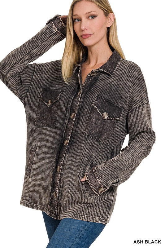 Zenana Clothing Cotton Waffle Acid Wash Long Sleeve Shacket