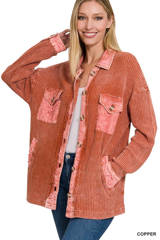 Zenana Clothing Cotton Waffle Acid Wash Long Sleeve Shacket