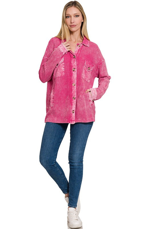 Zenana Clothing Cotton Waffle Acid Wash Long Sleeve Shacket