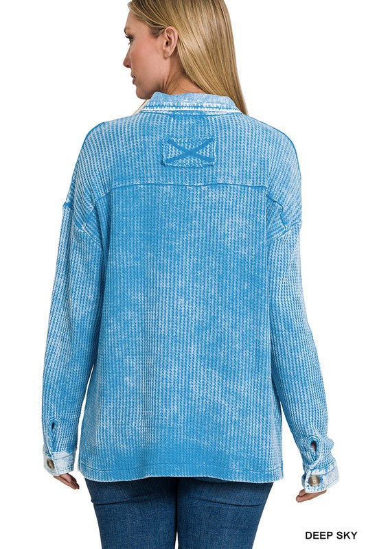 Zenana Clothing Cotton Waffle Acid Wash Long Sleeve Shacket