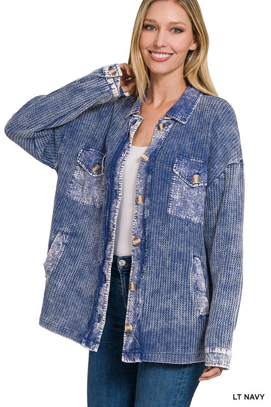 Zenana Clothing Cotton Waffle Acid Wash Long Sleeve Shacket
