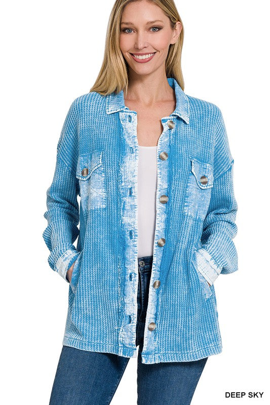 Zenana Clothing Cotton Waffle Acid Wash Long Sleeve Shacket