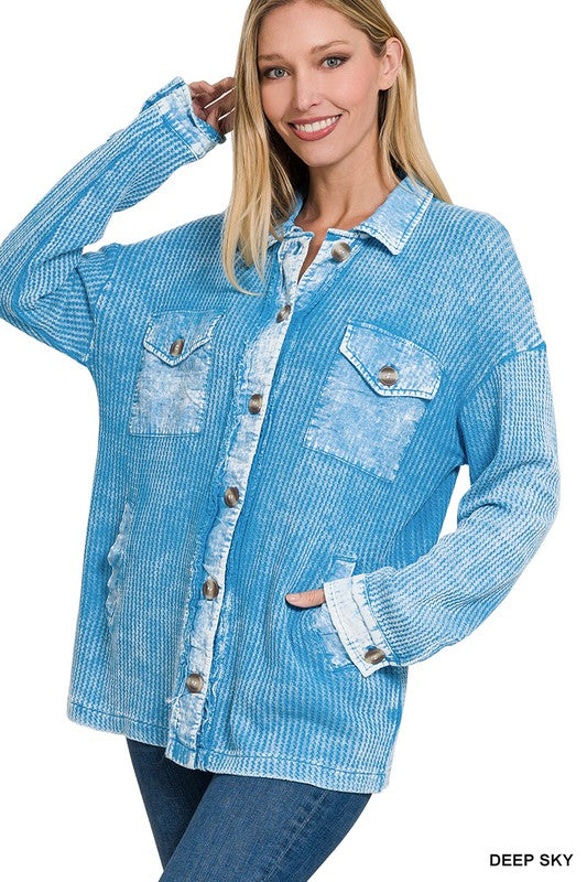 Zenana Clothing Cotton Waffle Acid Wash Long Sleeve Shacket