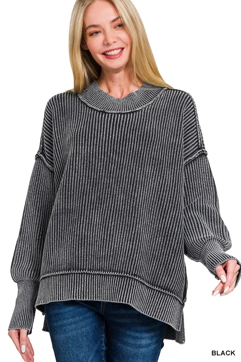 Zenana Women's Washed Side Slit Oversized Long Sleeve