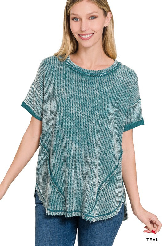 Zenana Clothing Washed Waffle Rolled Up Short Sleeve Top