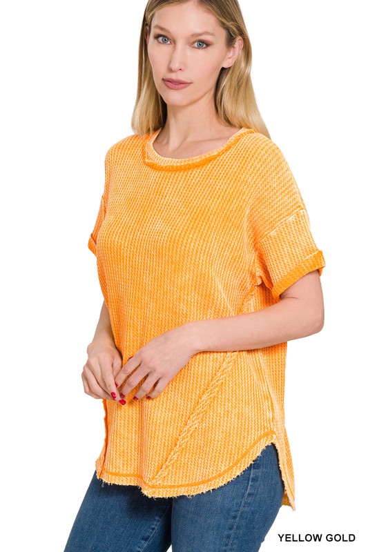 Zenana Clothing Washed Waffle Rolled Up Short Sleeve Top