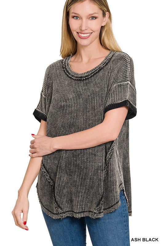 Zenana Clothing Washed Waffle Rolled Up Short Sleeve Top
