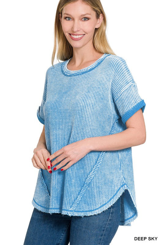 Zenana Clothing Washed Waffle Rolled Up Short Sleeve Top