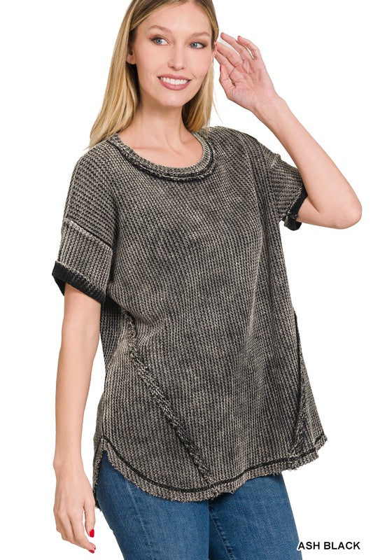 Zenana Clothing Washed Waffle Rolled Up Short Sleeve Top