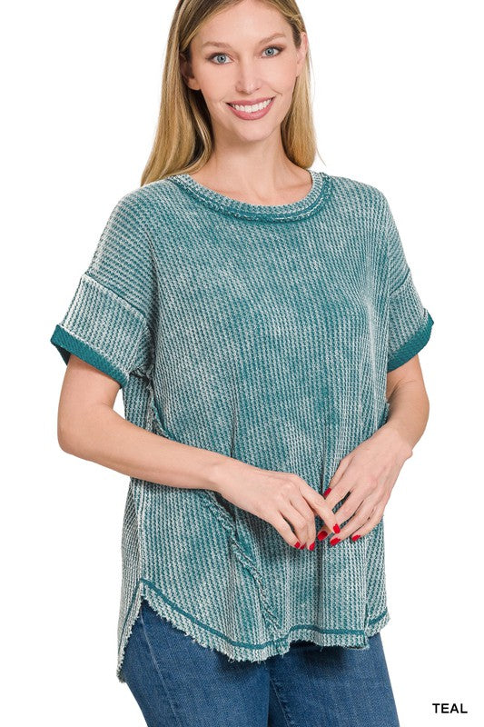 Zenana Clothing Washed Waffle Rolled Up Short Sleeve Top