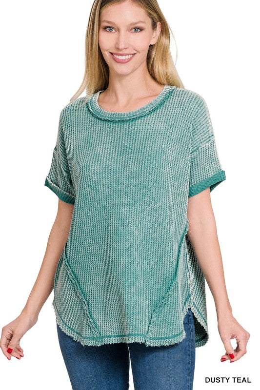 Zenana Clothing Washed Waffle Rolled Up Short Sleeve Top