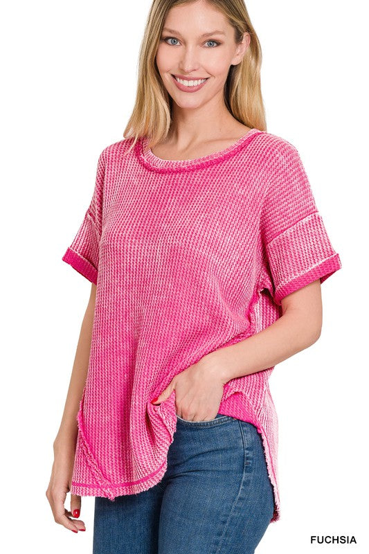 Zenana Clothing Washed Waffle Rolled Up Short Sleeve Top