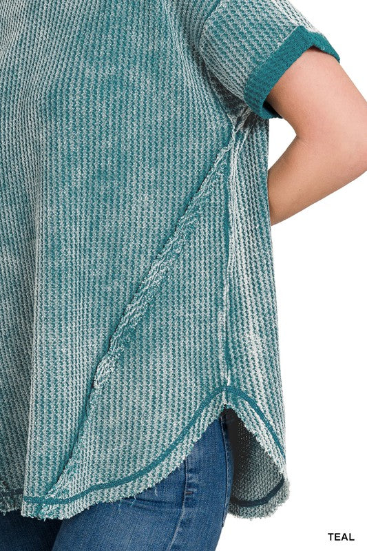Zenana Clothing Washed Waffle Rolled Up Short Sleeve Top