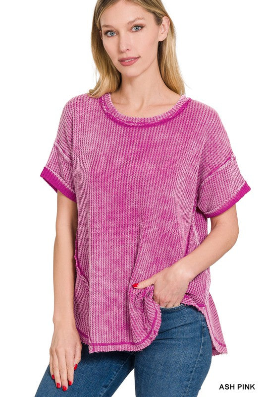 Zenana Clothing Washed Waffle Rolled Up Short Sleeve Top