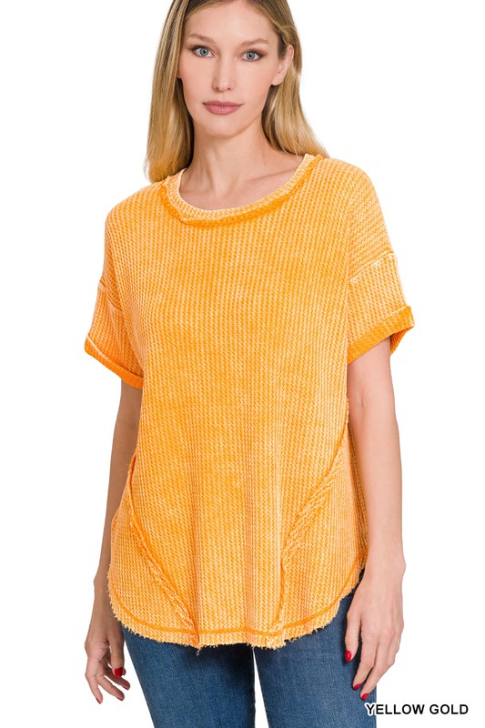 Zenana Clothing Washed Waffle Rolled Up Short Sleeve Top