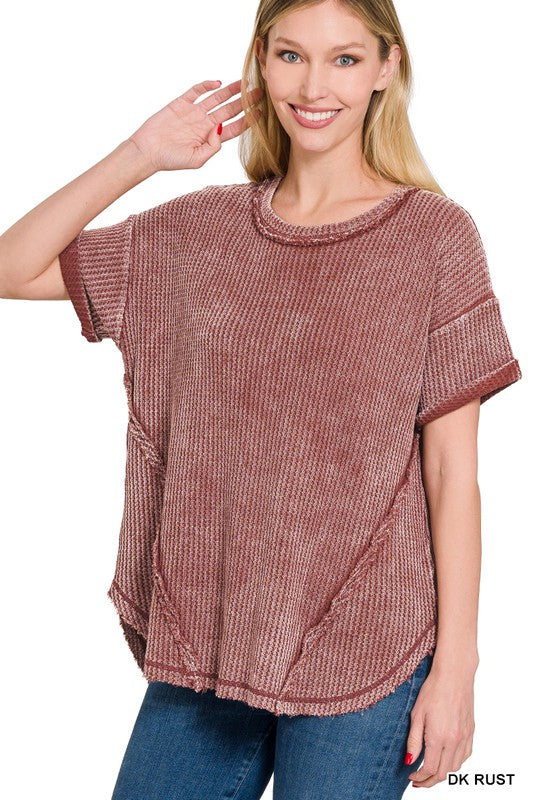 Zenana Clothing Washed Waffle Rolled Up Short Sleeve Top