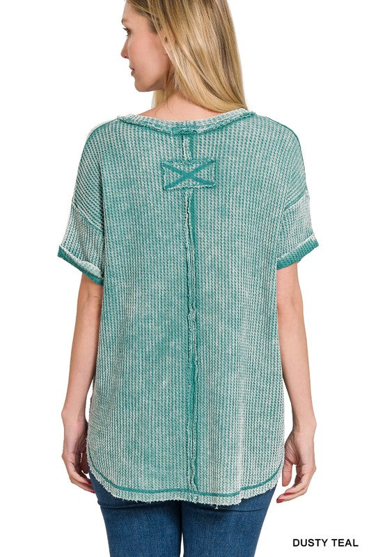 Zenana Clothing Washed Waffle Rolled Up Short Sleeve Top