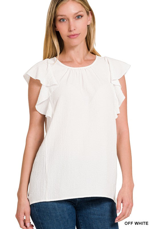 Zenana Women's Brand Woven Bubble Airflow Flutter Sleeve Top Polyester Spandex Size S-L