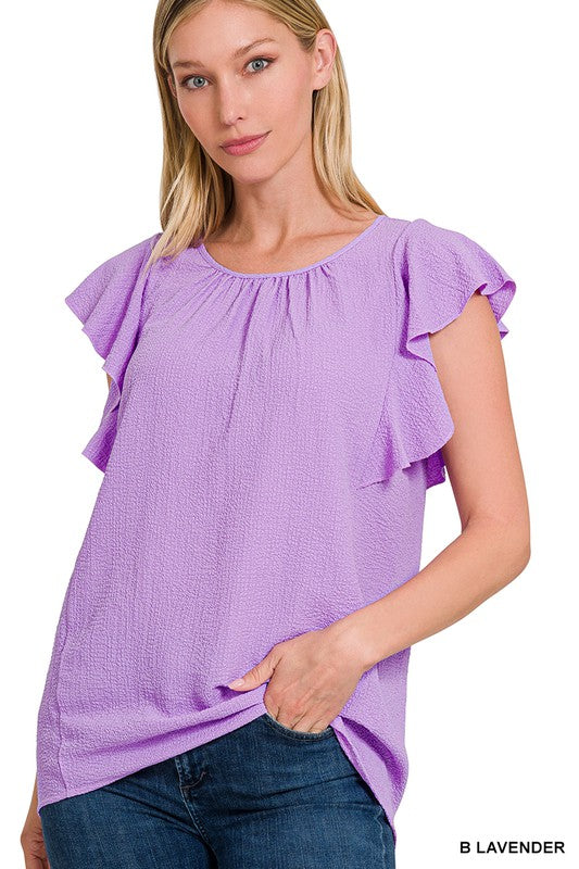 Zenana Women's Brand Woven Bubble Airflow Flutter Sleeve Top Polyester Spandex Size S-L