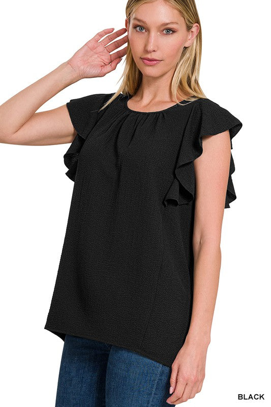 Zenana Women's Brand Woven Bubble Airflow Flutter Sleeve Top Polyester Spandex Size S-L