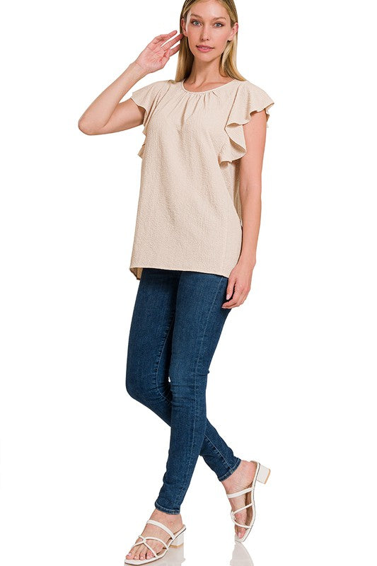 Zenana Women's Brand Woven Bubble Airflow Flutter Sleeve Top Polyester Spandex Size S-L