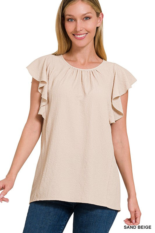 Zenana Women's Brand Woven Bubble Airflow Flutter Sleeve Top Polyester Spandex Size S-L
