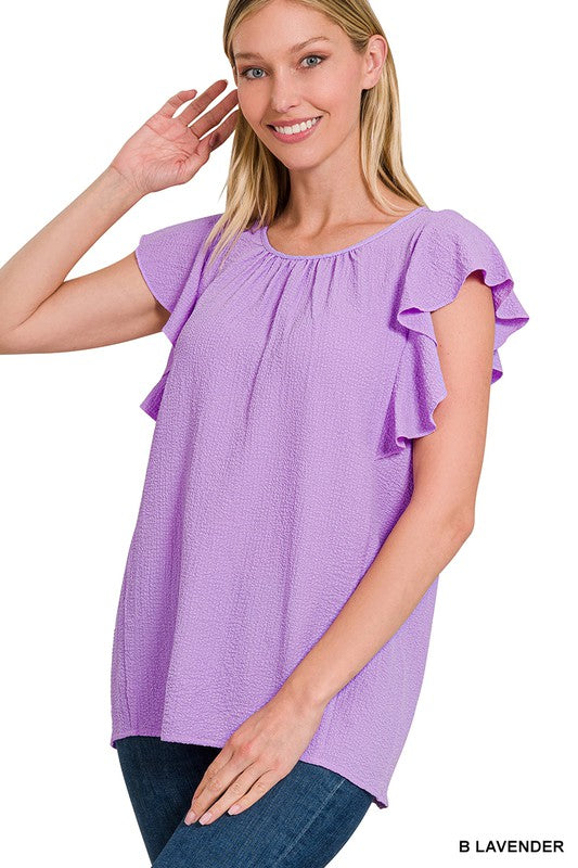 Zenana Women's Brand Woven Bubble Airflow Flutter Sleeve Top Polyester Spandex Size S-L