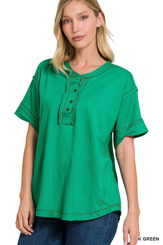 Zenana Clothing Raw Edge Detailed Button Closure Short Sleeve Top