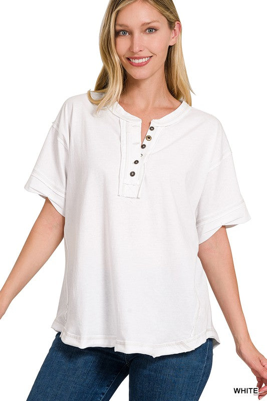 Zenana Clothing Raw Edge Detailed Button Closure Short Sleeve Top