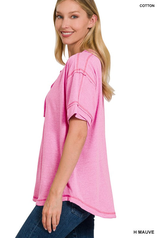 Zenana Clothing Raw Edge Detailed Button Closure Short Sleeve Top