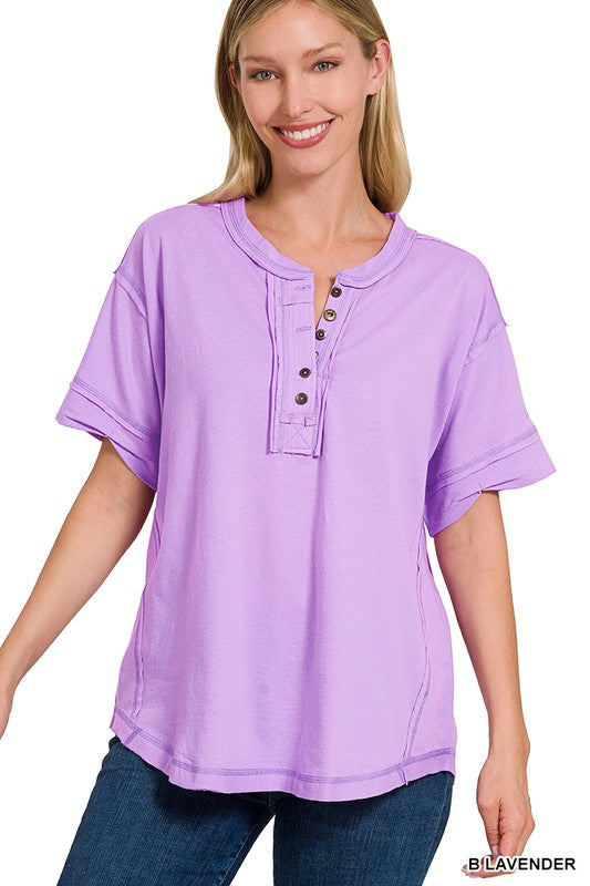 Zenana Clothing Raw Edge Detailed Button Closure Short Sleeve Top