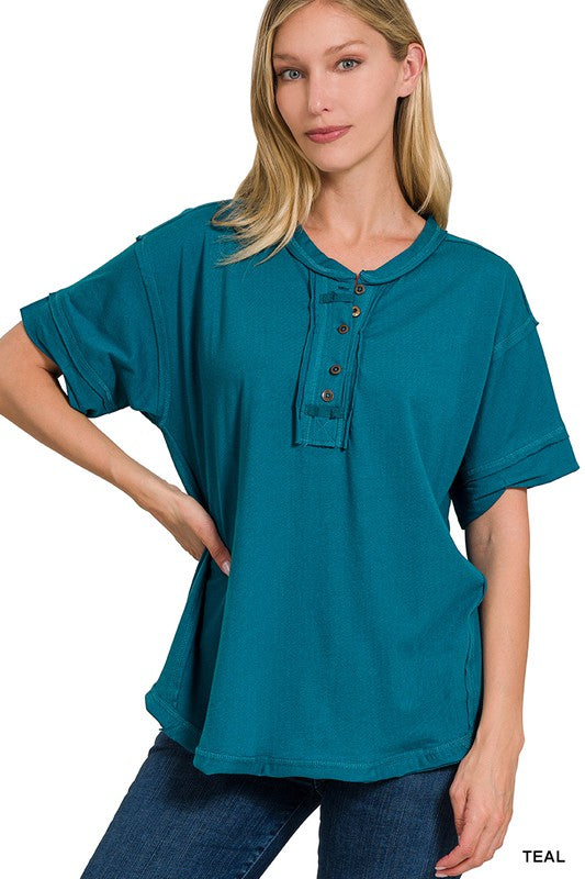 Zenana Clothing Raw Edge Detailed Button Closure Short Sleeve Top