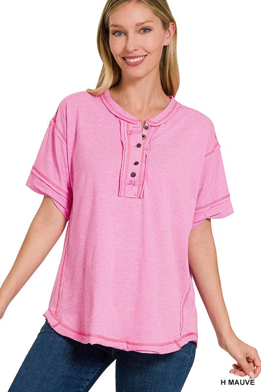 Zenana Clothing Raw Edge Detailed Button Closure Short Sleeve Top