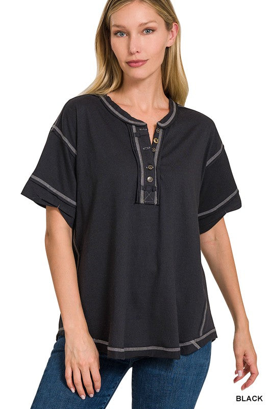 Zenana Clothing Raw Edge Detailed Button Closure Short Sleeve Top