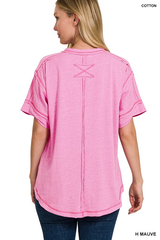 Zenana Clothing Raw Edge Detailed Button Closure Short Sleeve Top