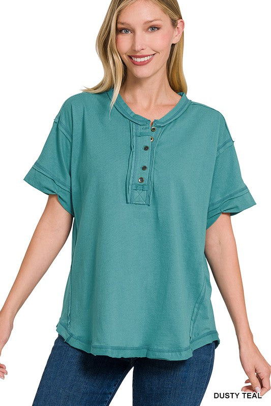 Zenana Clothing Raw Edge Detailed Button Closure Short Sleeve Top