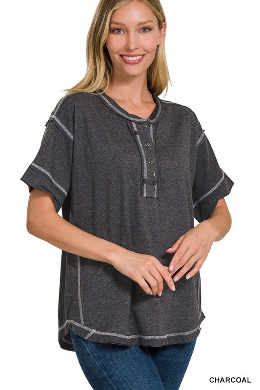 Zenana Clothing Raw Edge Detailed Button Closure Short Sleeve Top